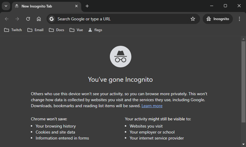 Here is what the Chrome Incognito window looks like