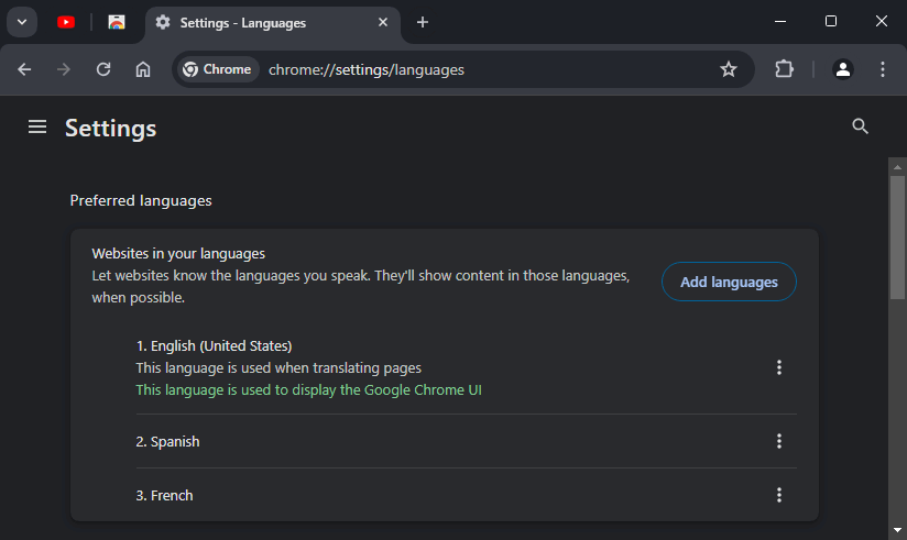 Here is what the "Languages" settings section looks like